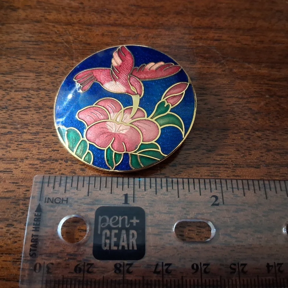 Vintage 80s Cloisonne Brooch Red Hummingbird & Flower Blue Background Goldtone